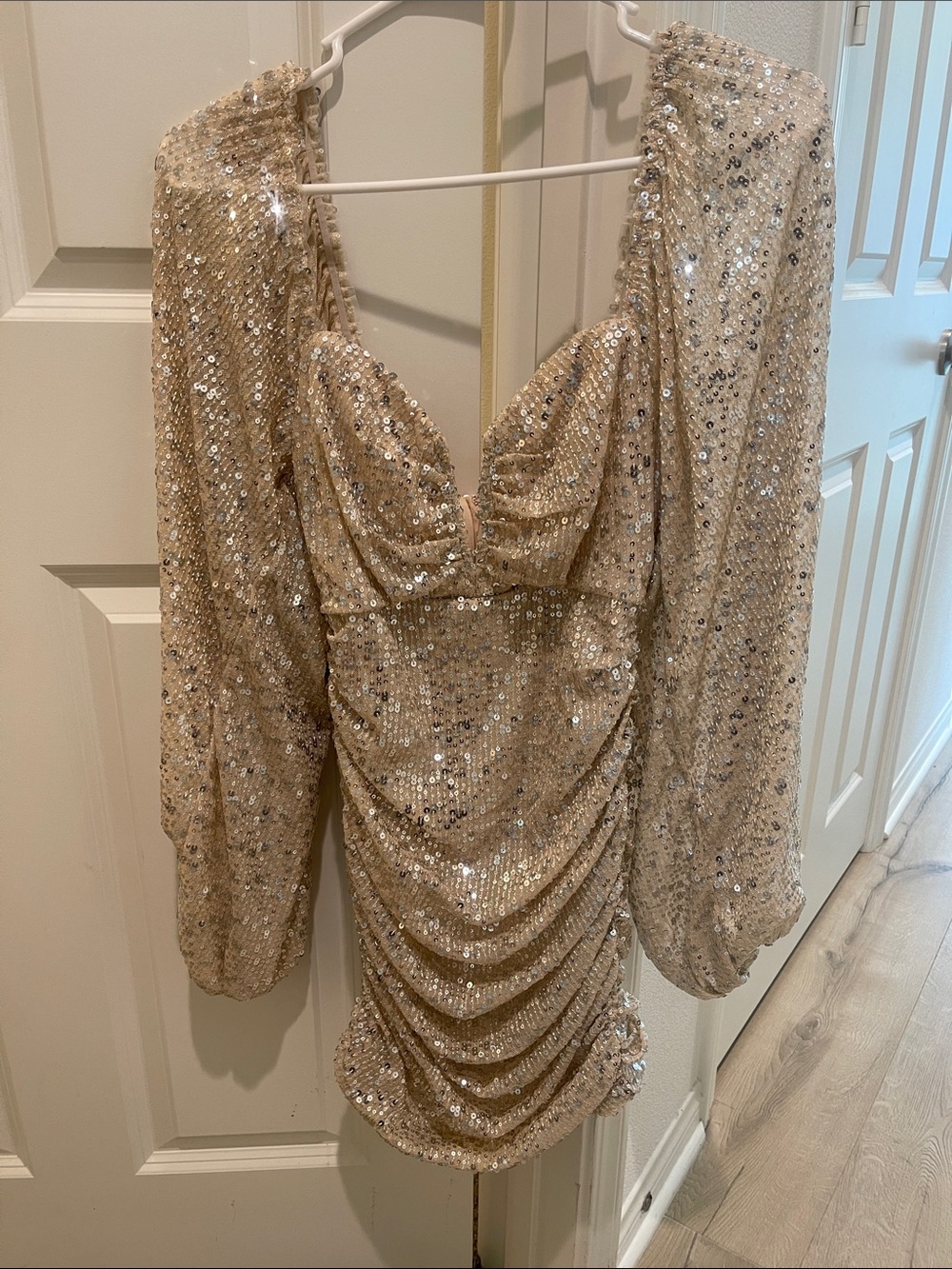 Sequin Champagne Mini Dress with Puff Sleeves